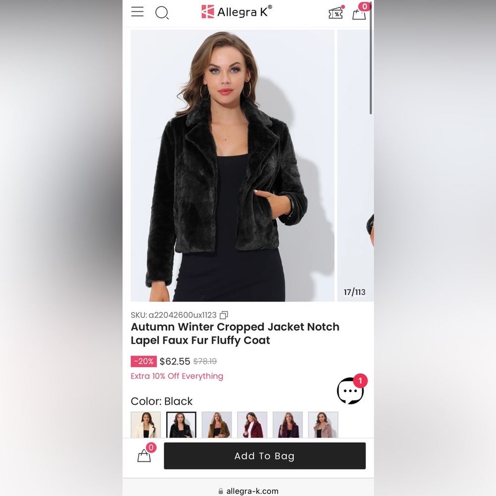 Allegra K XS black Autumn Winter Cropped Jacket Notch Lapel Faux Fur Fluffy Coat